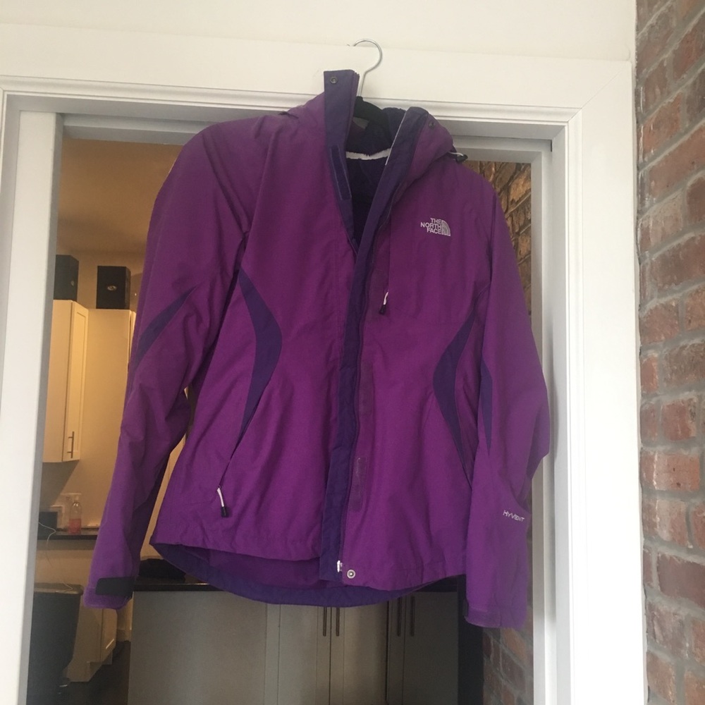 North Face purple hooded fleece jacket
